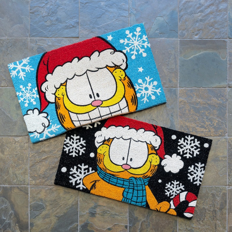 Licensed Paramount Garfield Santa Hat and Snowflakes Coir Door Mats, 2PK