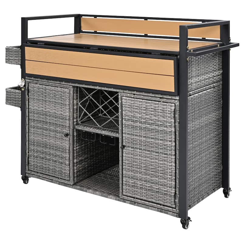 52.8"W Wicker Outdoor Grill Cart with Extended Plastic Wood Table Top, Rolling Kitchen Island on Wheels with Storage Cabinet