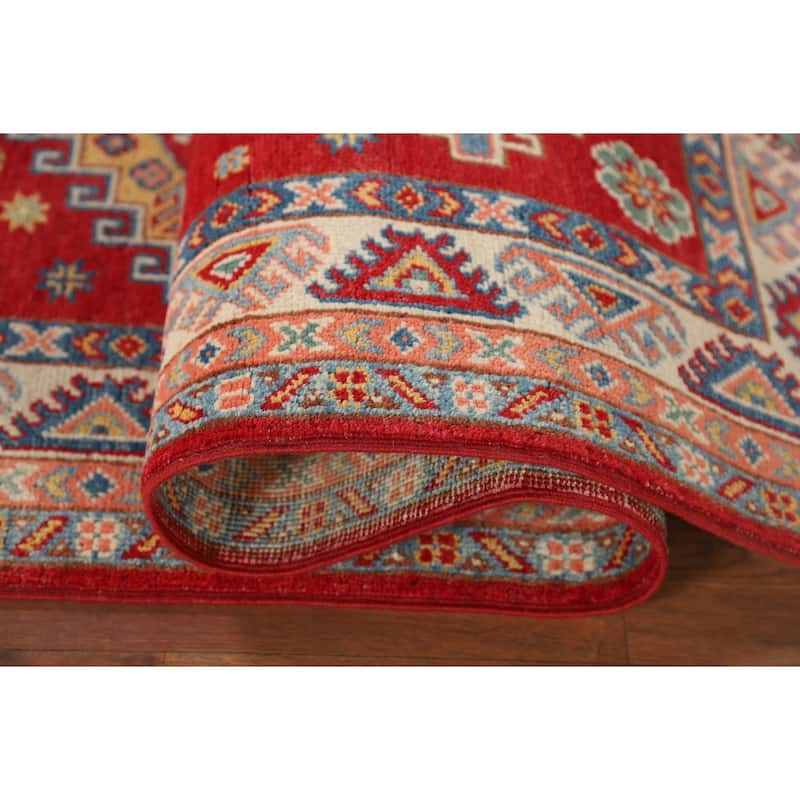 Geometric Red Kazak Oriental Runner Rug Hand-Knotted Wool Carpet - 2'7" x 9'4"