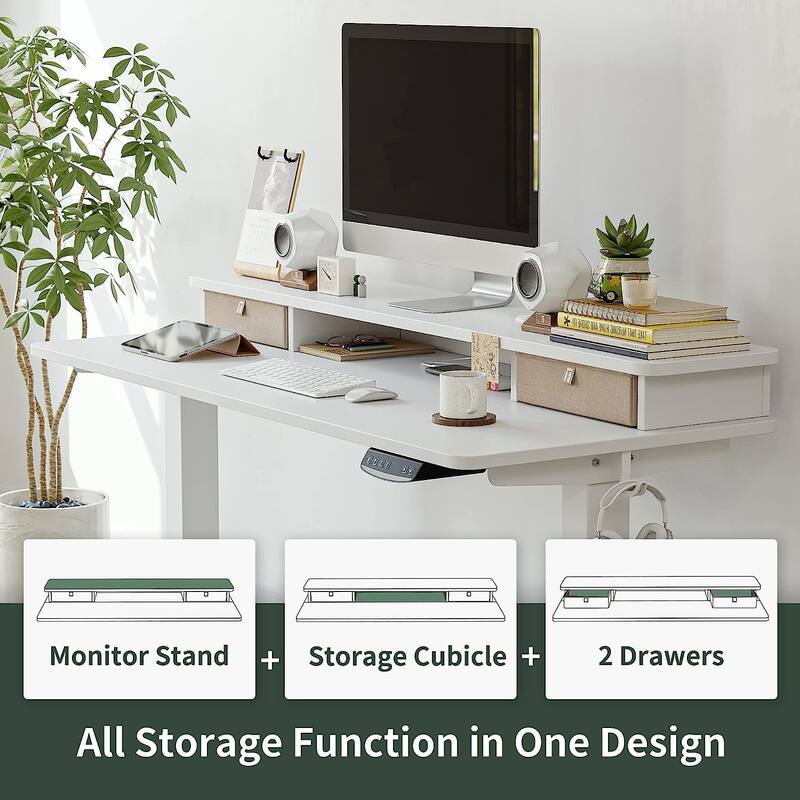 FEZIBO Height Adjustable Electric Standing Desk with Double Drawer, Stand Up Desk with Storage Shelf, Sit Stand Desk