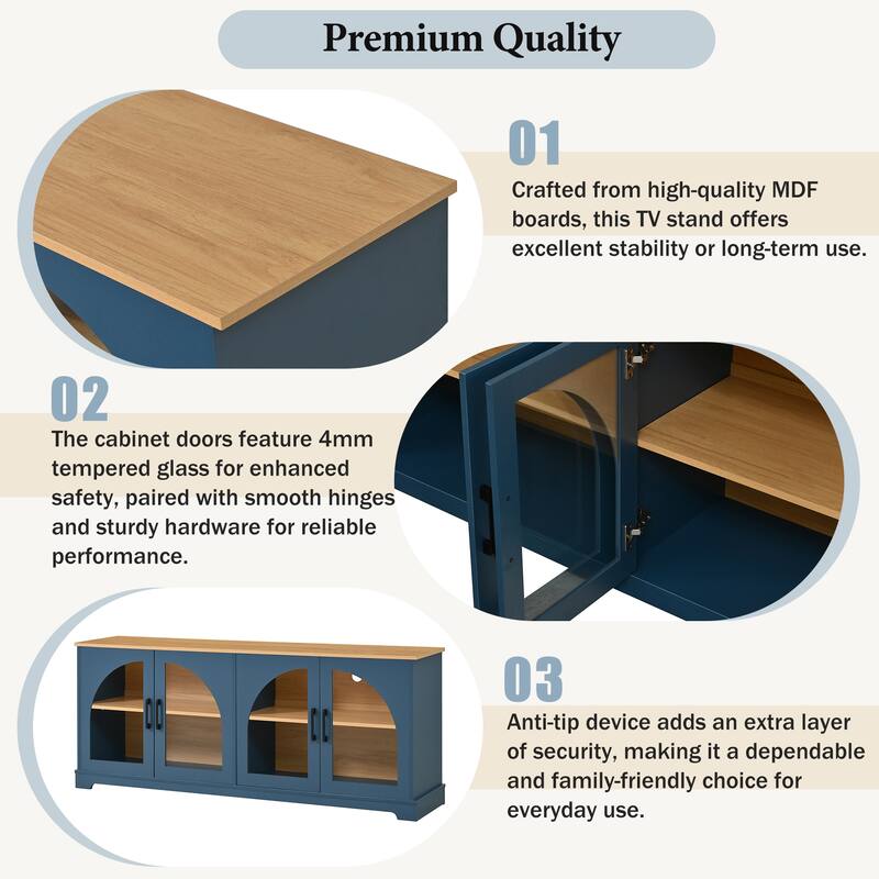 Farmhouse TV Stand for TVs up to 70" with Semi-Arched Glass Doors, Two-Tone Media Console with Adjustable Shelves