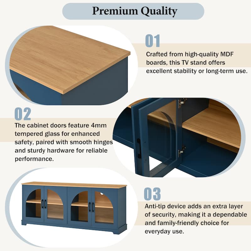Farmhouse TV Stand with Semi-Arched Glass Doors for TVs Up to 70",Adjustable Shelves,Wood Grain Sideboard with Cable Management