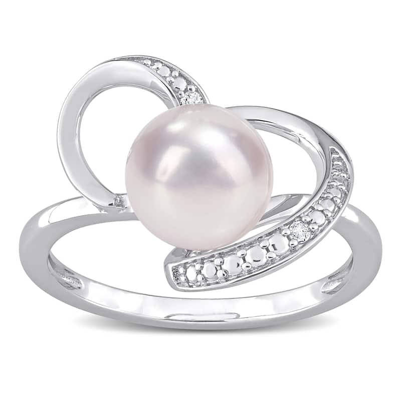 Miadora Sterling Silver Freshwater Cultured Pearl and Diamond Accent Solitaire Heart Ring (8-8.5mm)