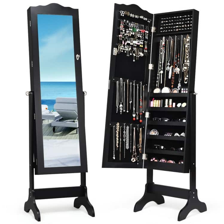 New Jewelry Cabinet Mirrored Armoire Mirror Organizer Storage Box Ring with Stand - 18" x 14.5" x 57"