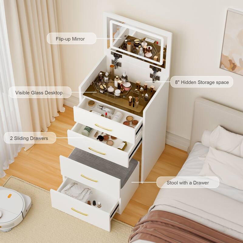 3 in 1 Makeup Vanity Convertible Desk or Nightstand, Compact Make-up Vanity Glass Desktop Dressing Table with Mirror & Stool