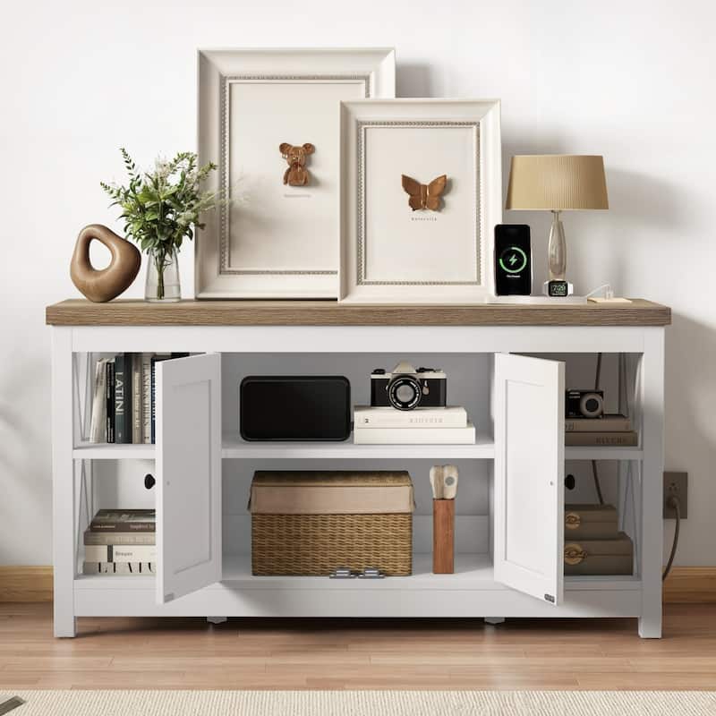 Moasis 47" Farmhouse TV Stand with Built-in Power Outlet, Entertainment Center with Storage for Living Room