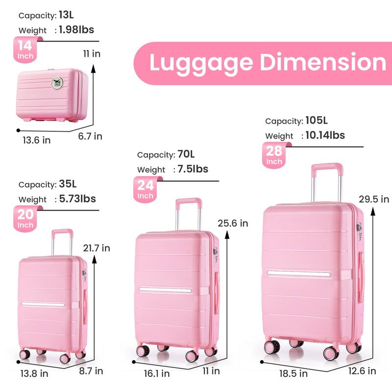 Luggage 4 Piece Sets, Expandable Carry On Luggage Set Hardshell PP, Suitcase Set with Wheels and Adjustable 3-level Handle