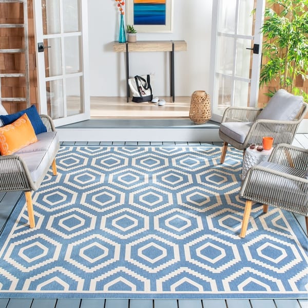 slide 2 of 81, SAFAVIEH Courtyard Carolee Indoor/ Outdoor Patio Backyard Rug 6'7" x 9'6" - Blue/Beige