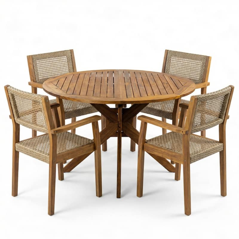 Christopher Knight Home - Coastline Outdoor Acacia Wood 5-Piece Dining Set with Wicker Chairs