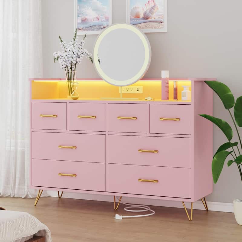 8 Drawer Dresser for Bedroom with LED Light, Charging Station & Open Shelf - Pink