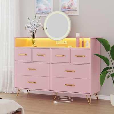 8 Drawer Dresser for Bedroom with LED Light, Charging Station & Open Shelf