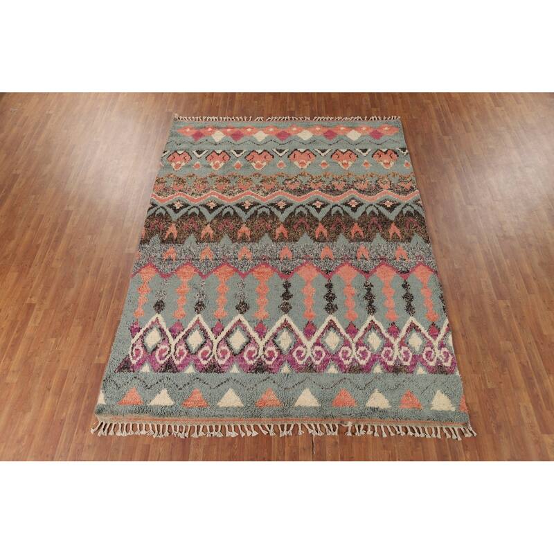 Geometric Moroccan Oriental Area Rug Hand-Knotted Wool Carpet - 7'11" x 10'7"