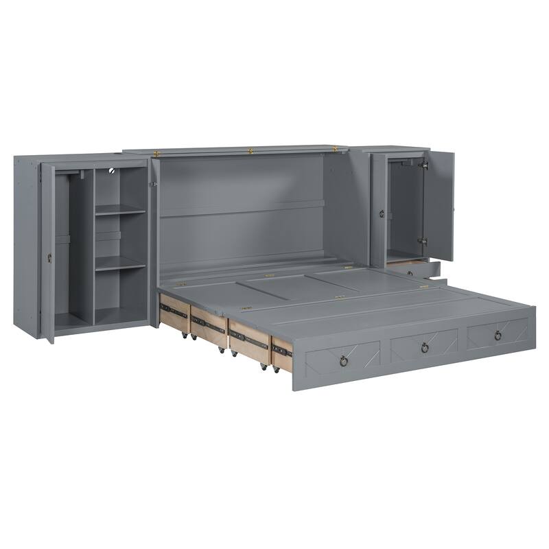Queen Size Solid Wood Murphy Bed with Charging Station, Built-In Wardrobes, Drawers, and Foldable Cabinet Design