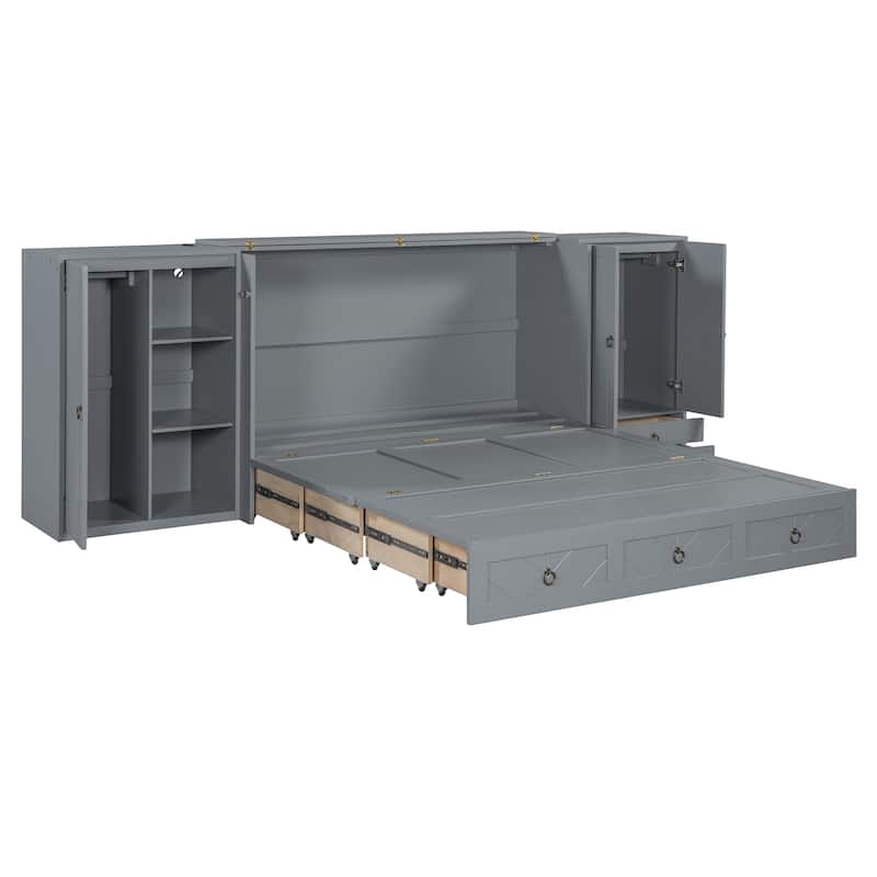 Queen Size Wood Hidden Murphy Bed with Storage Wardrobes and Drawer, Foldable Wall Bed with USB Charging Station & Dual Cabinet聽