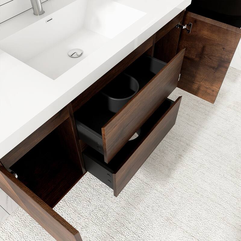 MDF Wall-Mounted Bathroom Vanity Set in Rose Wood with Integrated Culture Marble Sink
