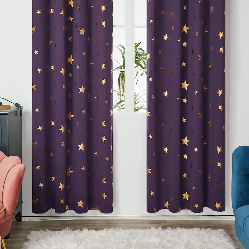 Gold Star Foil Room Darkening Curtains for Kids 2 Panels
