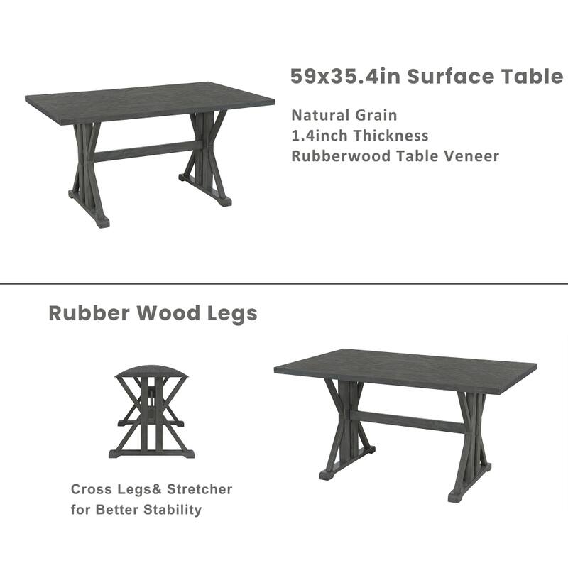 6-Piece Farmhouse Dining Table Set with 4 Upholstered Chairs and Bench