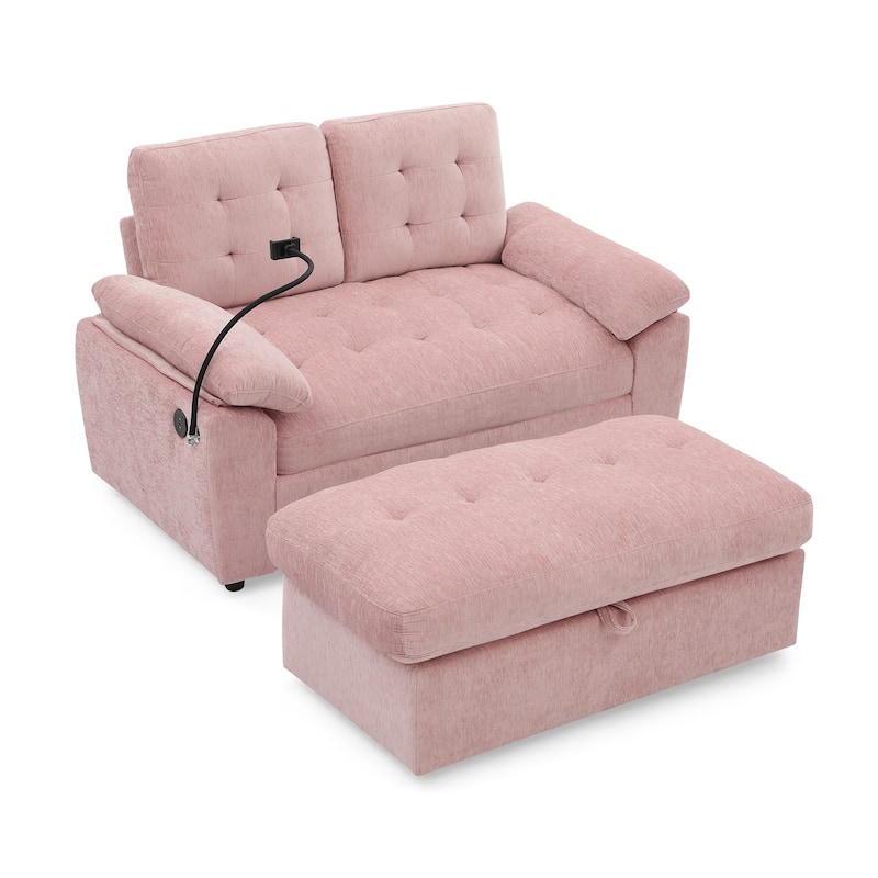 Double Recliner Chair with Adjustable Backrest, Storage Ottoman, USB Port & Phone Stand