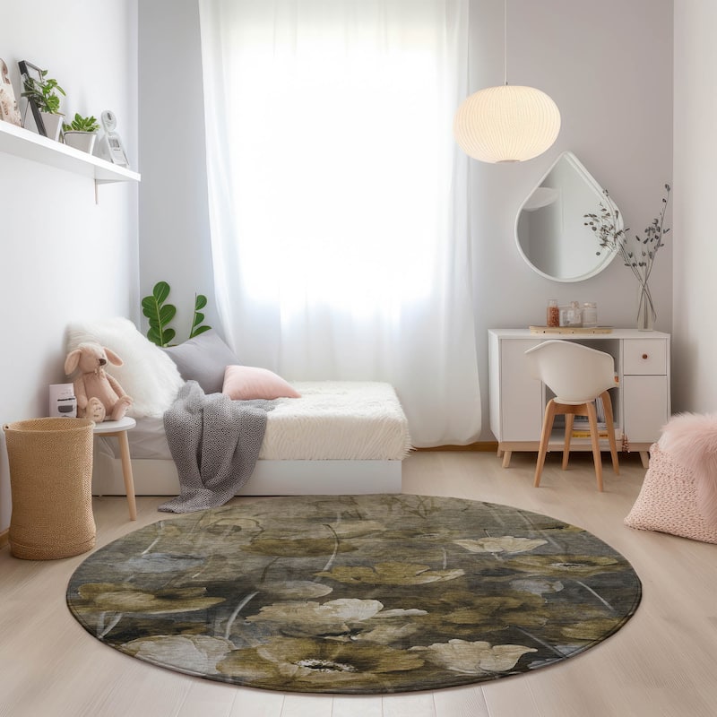 Machine Washable Indoor/ Outdoor Chantille Modern Floral Rug - 8' x 8' - Taupe