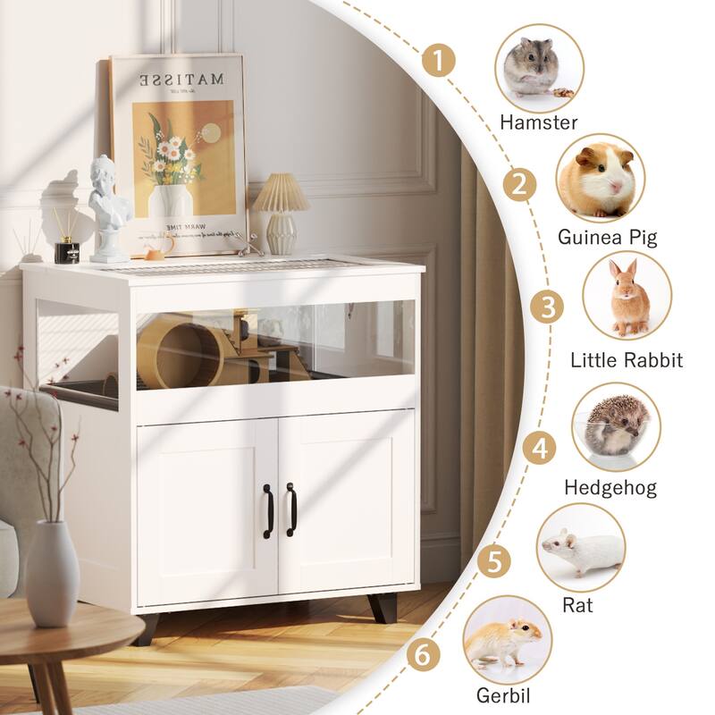 Home-Friendly White Pet Cage,Space-Saving with Storage,Clear-View Top & Enclosure,Rabbit,Hamsters,Guinea Pigs