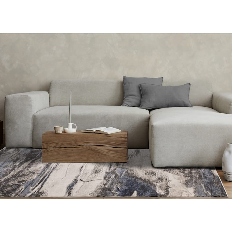 Blue Cream Grey Abstract Modern Area Rug, 5'3" x 7'7"