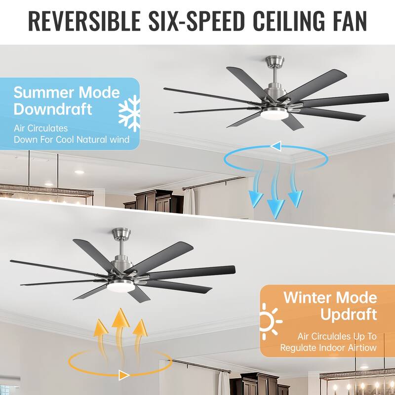 52 Inch/66 Inch/72 Inch Modern Ceiling Fan with Dimmable LED Light ,Remote&APP Control,8 Blades for Large Living Room,Porch