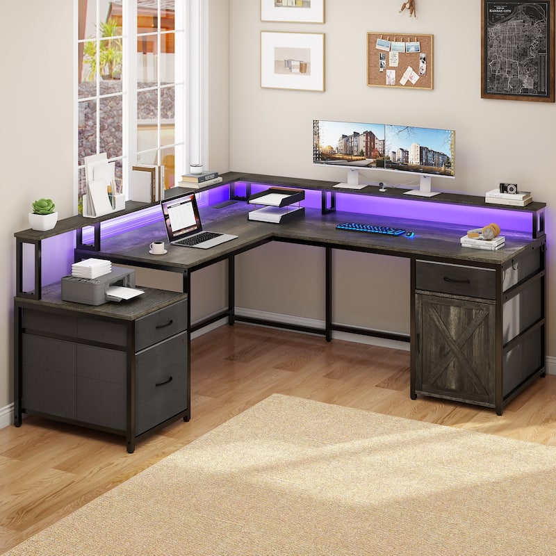 Moasis 63" Corner L Shaped LED Computer Desk with Drawers & Power Outlets