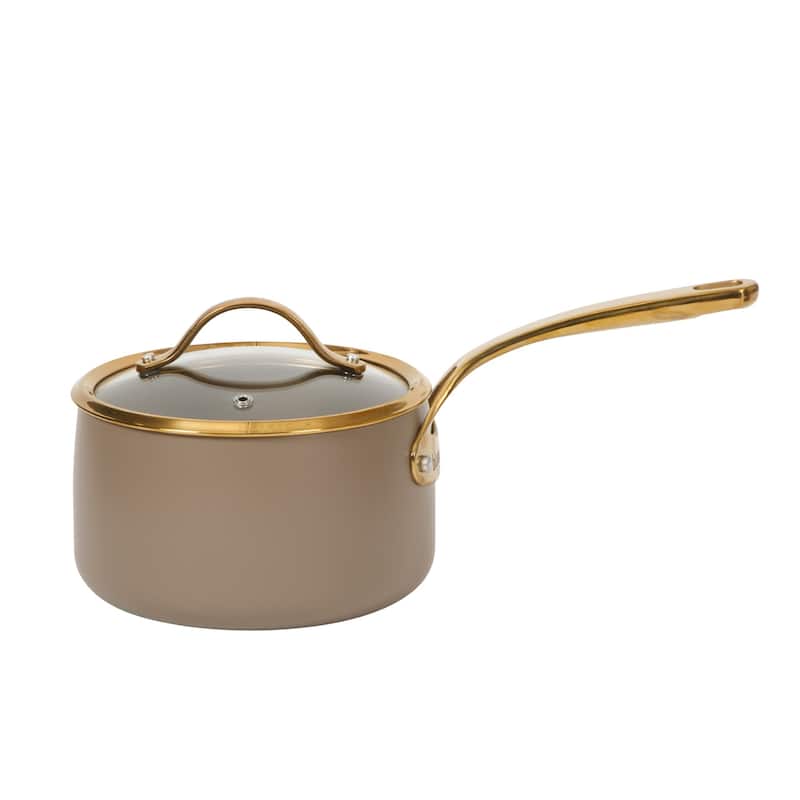 Bloomhouse Pots and Pans Heavy Duty Aluminum Premium PFA Free Ceramic Nonstick - Cappucino Cream with Gold Handle