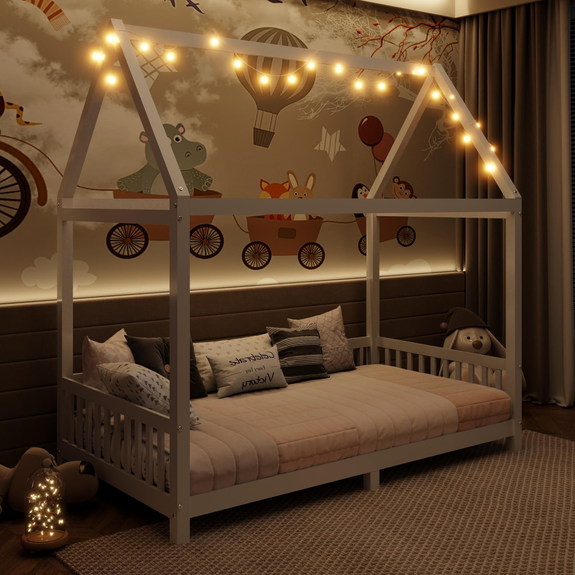 Wood House Bed with Guardrail and LED