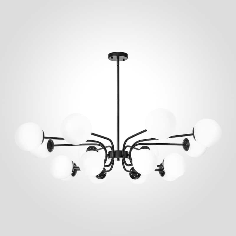 16-Light Modern Industrial 2-Tiered Sputnik Linear Frosted Opal Glass Globe Bubble Chandelier for Dining Room - Black