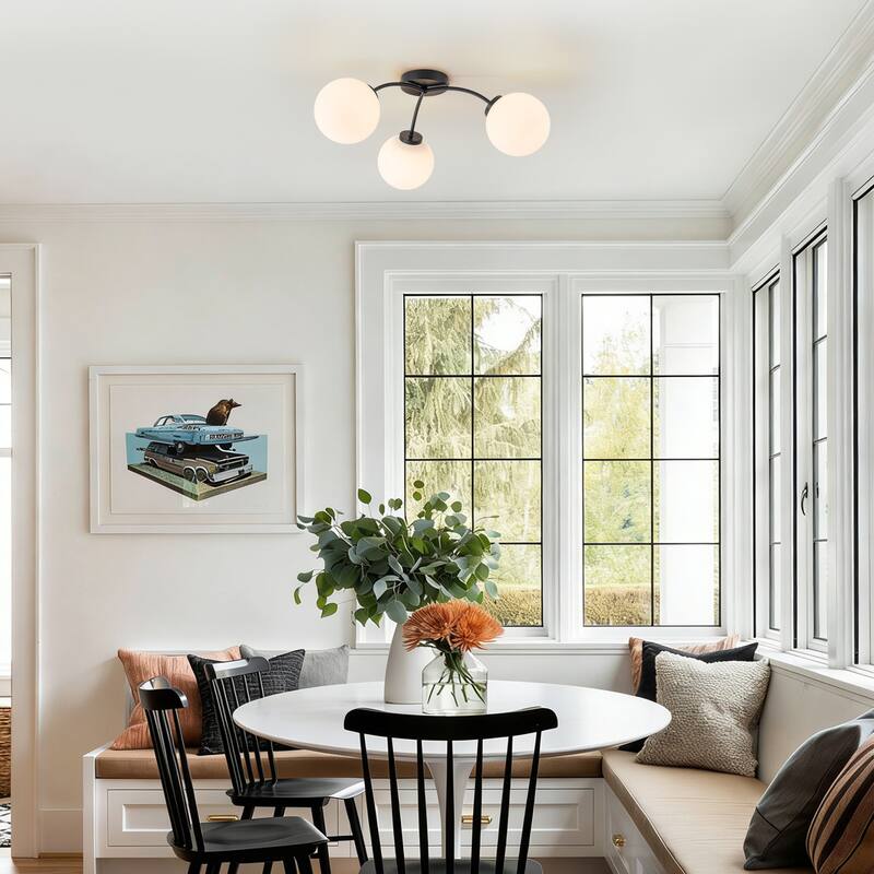 6-Light Brass Semi-Flush Mount Ceiling Light with Opal Glass Shades - 24.2-in W x 9.05-in H