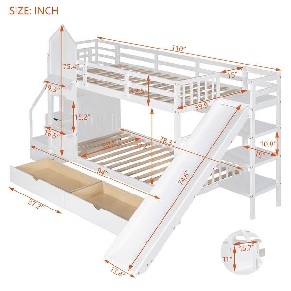 dimension image slide 1 of 4, Bunk Bed with 2 Drawers & 3 Shelves, Castle Style Bedframe with Slide for Kids Boys/Girls/Teens