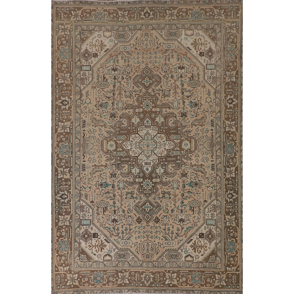 Geometric Tabriz Persian Vintage Area Rug Hand-Knotted Wool Carpet - 6'3" x 9'4"
