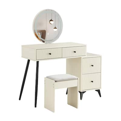Fluted Makeup Vanity Desk with Round LED Mirror & Lights, 4 Drawers, Adjustable Shelves and Dressing Table Set with stools table