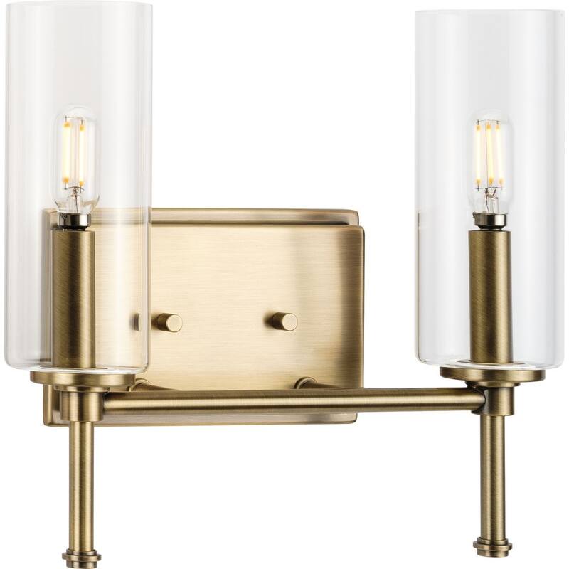 Elara Collection Two-Light Vintage Brass Clear Glass Bath Vanity Light - 12.5 in x 5.12 in x 11.5 in - 12.5 in x 5.12 in x 11.5 in