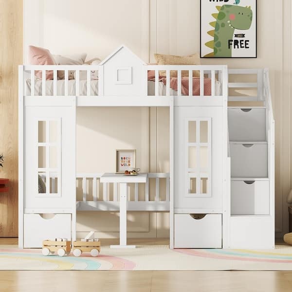 slide 2 of 11, Twin Bunk Bed with Convertible Desk and Playhouse Design, White White