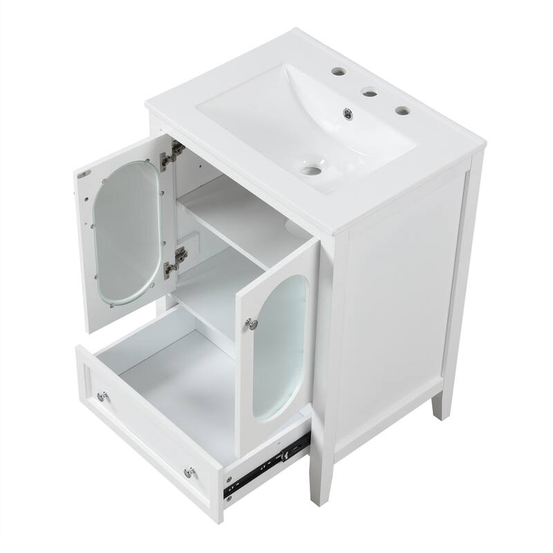 Bathroom Vanity with Sink, Vanity Set with 1 Drawer and 2 Glass Doors, Bathroom Storage Cabinet with Adjustable Shelf