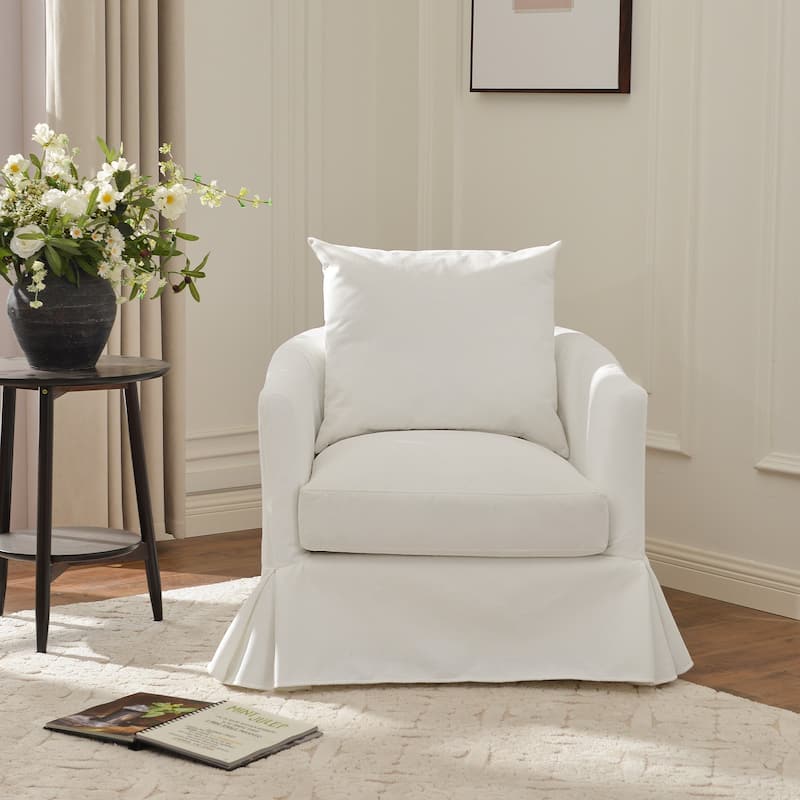KINWELL 32" W Down Fill Upholstered Slipcovered Swivel Barrel Accent Armchair