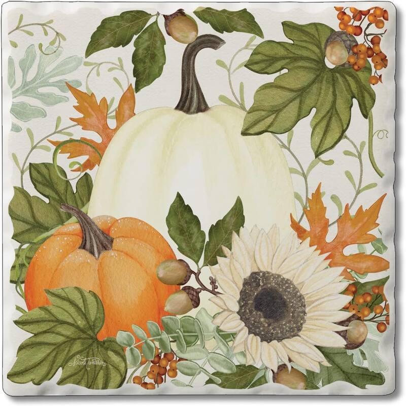 Absorbent Stone Tumbled Tile Coasters, Farmhouse Pumpkins, Set of 4 - Multi