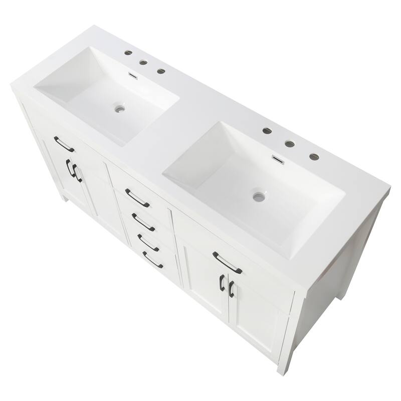 59.3"Bathroom Vanity with Solid Wood Frame, Double SMC Sink, Damping Hinges & Hidden Slides, 4 Doors, 3 Drawers, 2 Flip Drawers