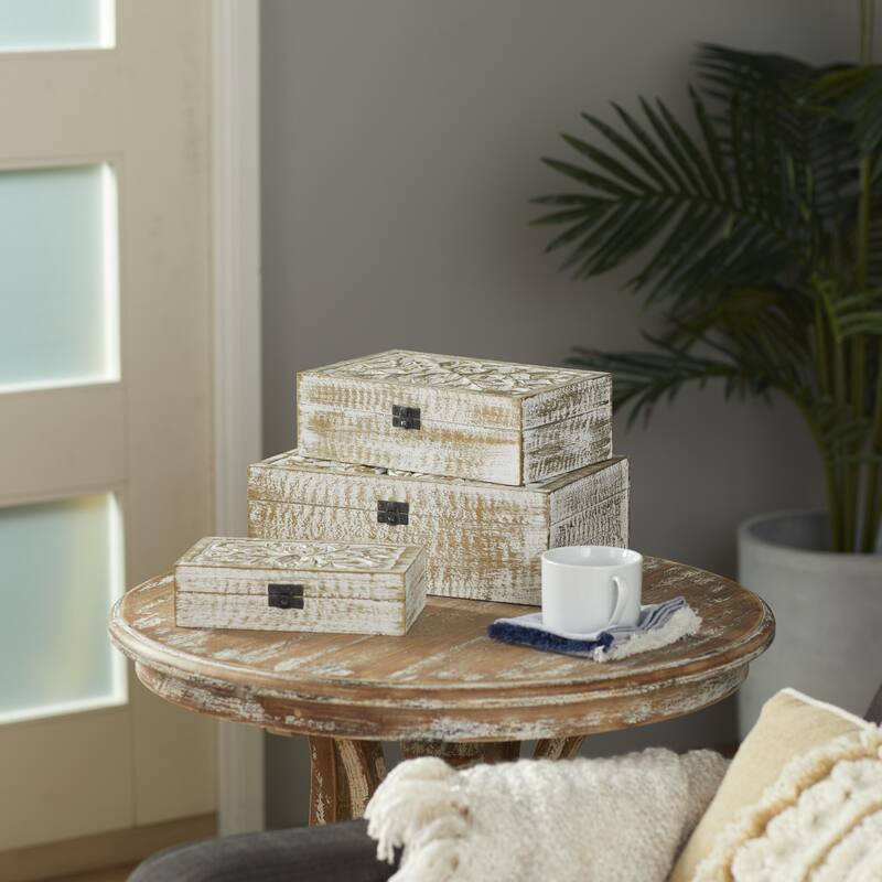 Mango Wood Floral Handmade Decorative Box with Hinged Lid - Set of 3 Brown or White - Roche River Decor