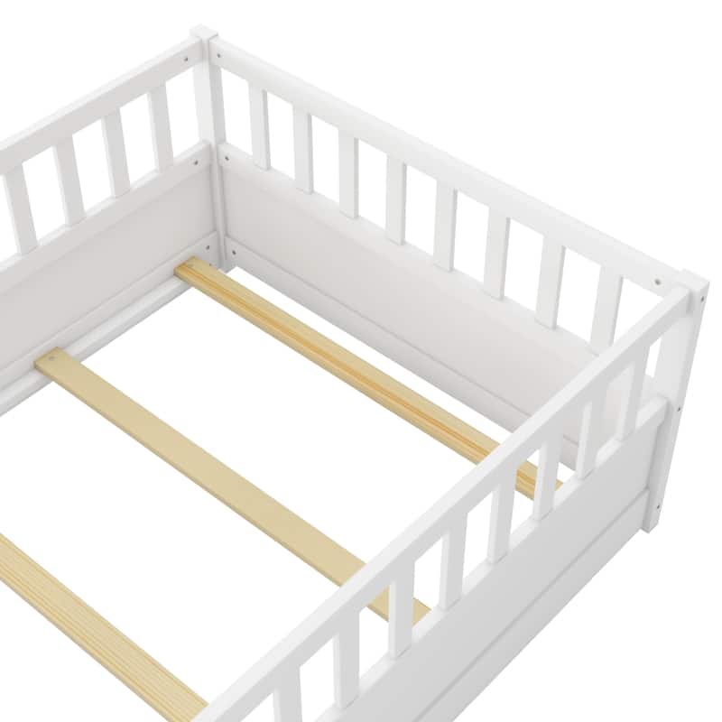 Children's Twin Floor Bed with High Fence, Pinewood French Bed, Safe Play Area, and Mattress Support