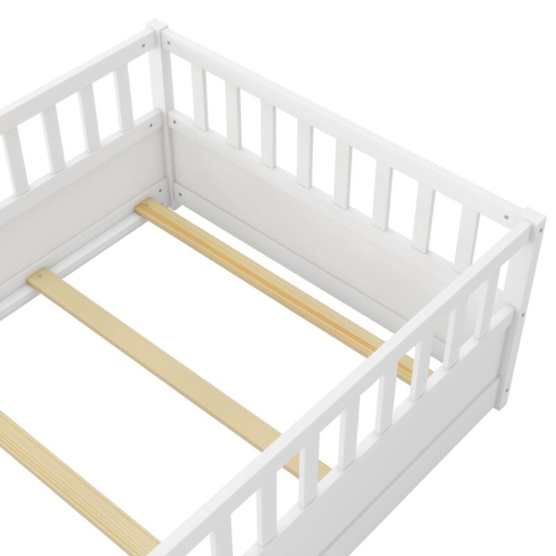 Pine Floor Bed with Guardrail & Door