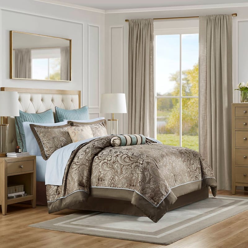 Madison Park Whitman Blue/ Brown 12 Piece Comforter Set with Cotton Bed Sheets