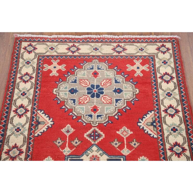 Hand Knotted Oriental 100% Wool Carpet Traditional Geometric Red Kazak Runner Rug - 9' 3'' X 2' 9''