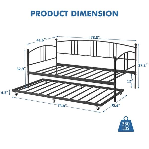 dimension image slide 1 of 5, Heavy Duty Metal Daybed With Trundle Platform Sofa Bed for Bedroom