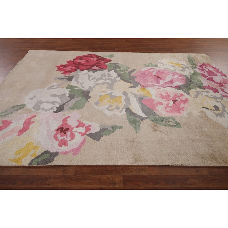 Floral Abstract Indian Area Rug Handmade Wool & Silk Carpet - 6'7"x 9'10"