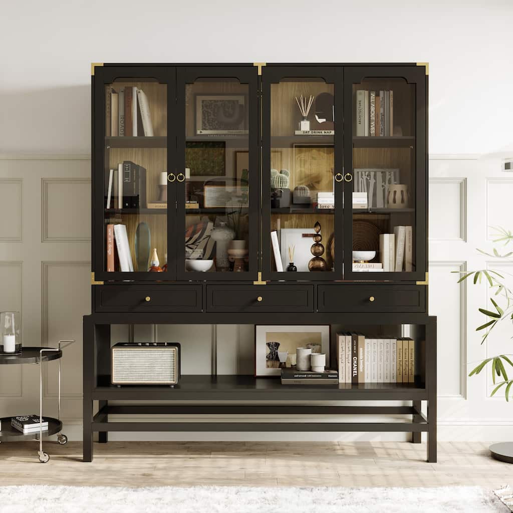 Bookshelves Black Display Cabinet with Glass Doors, Wood Grain Back, Metal Corner Accents - 66.1"x74.8"