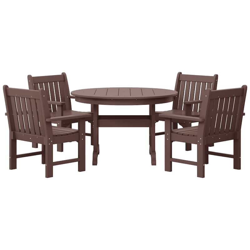 Polytrends Laguna Poly 5-Piece Outdoor Patio Round Table Garden Arm Chair Dining Set - Dark Brown
