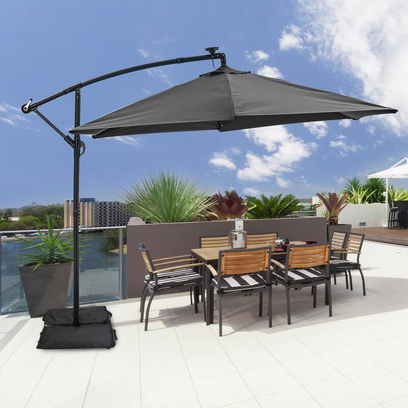 Autlaycil 10ft Offset Hanging Market Patio Umbrella With Base&Solar Lights